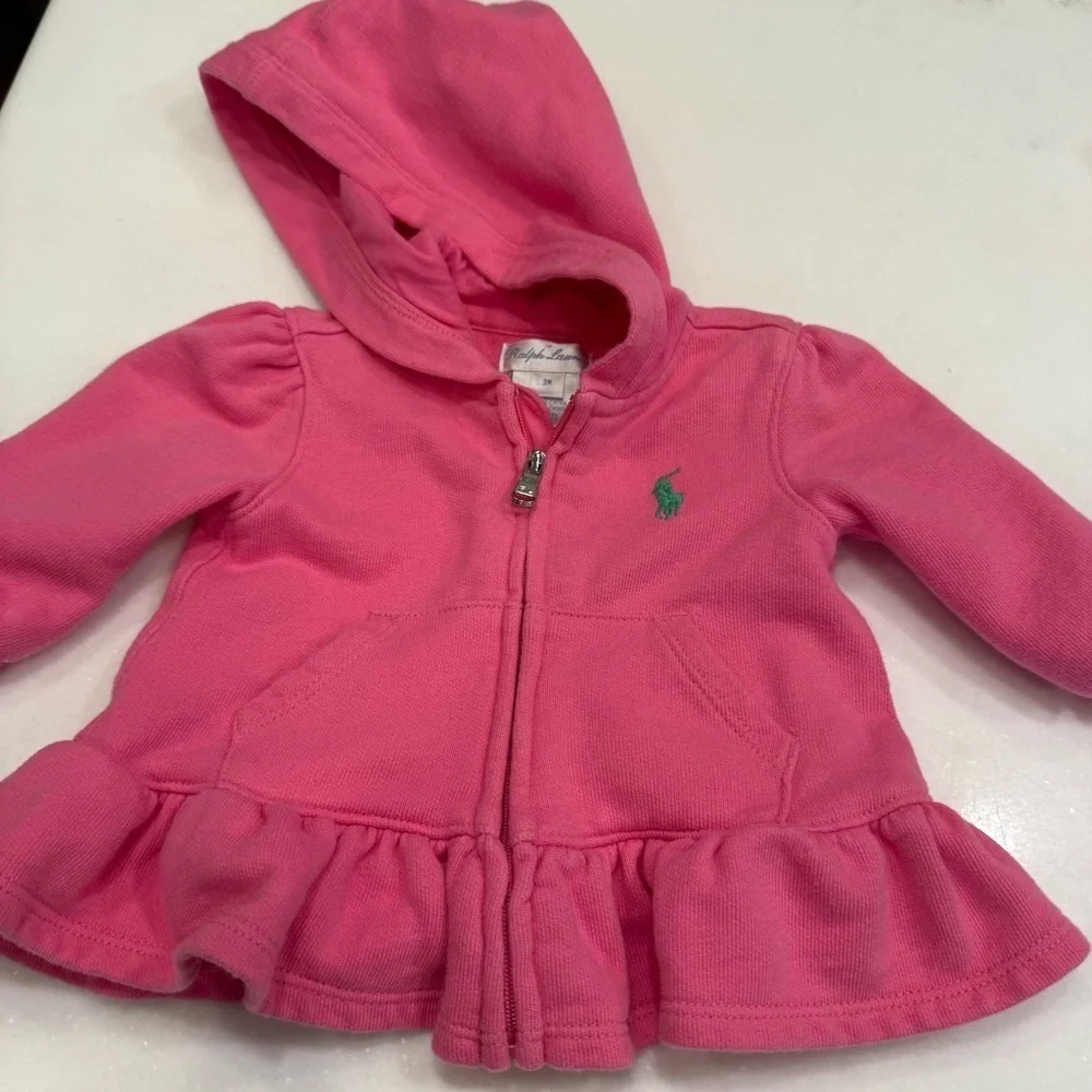 Ralph Lauren Baby Girt 2 PCS Set Pink & White Romper & Hoodie Sz 3M EUC